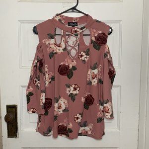Justify Pink Floral Flower Exposed Shoulder Top w/ Cutout Pattern Size XL